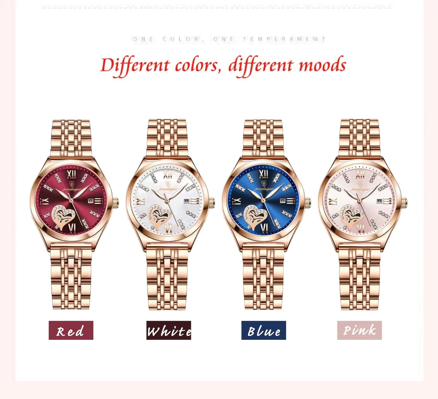 POEDAGAR Orologi di lusso da donna Orologio da donna impermeabile con data luminosa in acciaio inossidabile Orologio da polso da donna al quarzo alla moda elegante