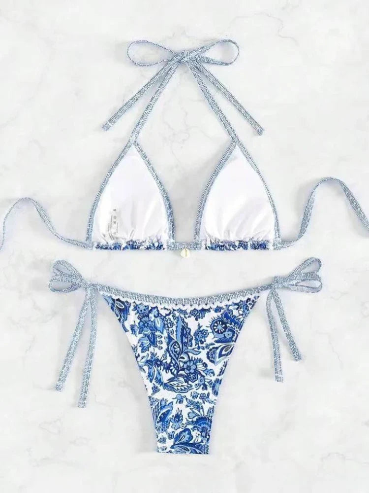 Bikini a triangolo con laccetti, costume da bagno due pezzi da donna, abbigliamento da spiaggia estivo