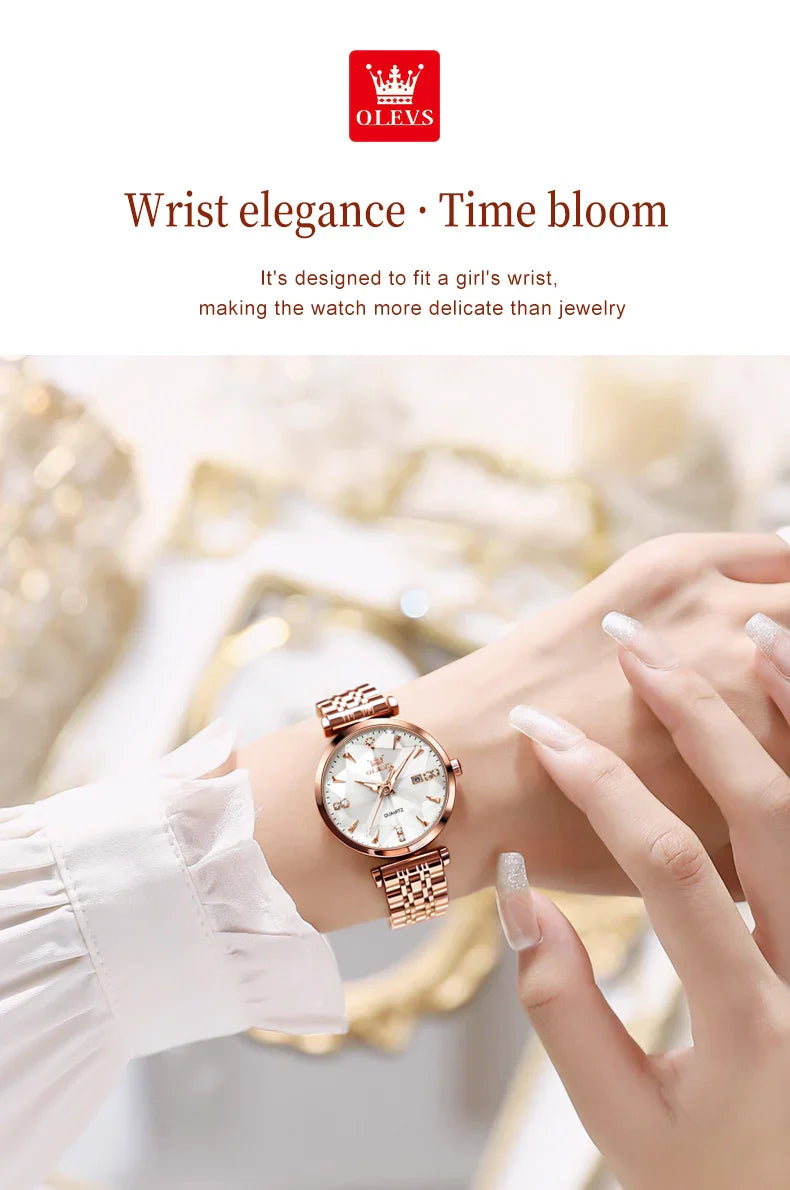 OLEVS 5536 Orologio da donna al quarzo con diamanti di marca di lusso Moda elegante orologio da donna impermeabile in oro rosa con bracciale Set Reloj Mujer