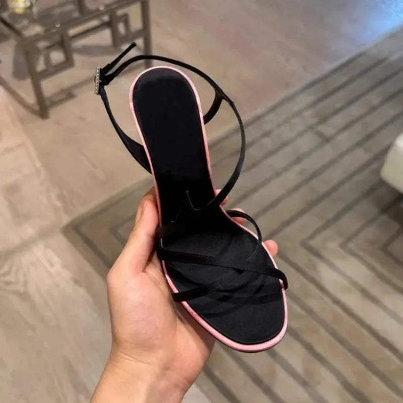 Satin Color Block Stiletto Fashionable High Heels with One Belt 2026 New Summer Sexy Temperament Versatile Sandals