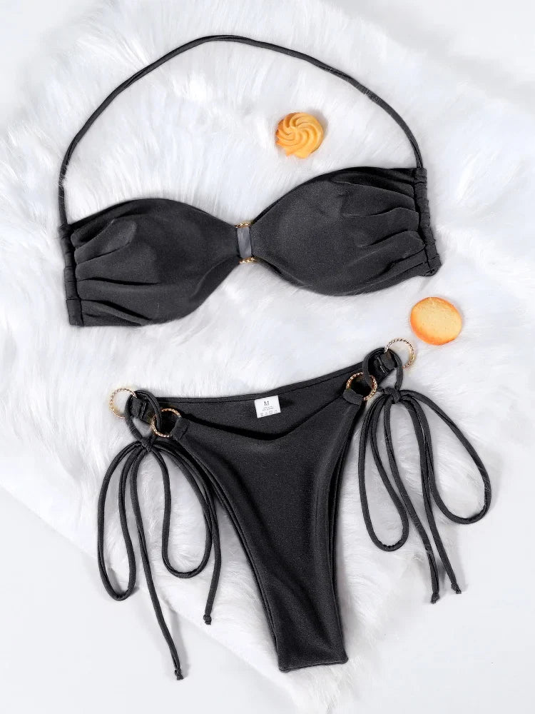 Set Bikini a Fascia da Donna con Pieghe, Costume da Bagno Sexy con Laccetti, Bikini Brasiliano con Bendaggio, Abbigliamento da Spiaggia