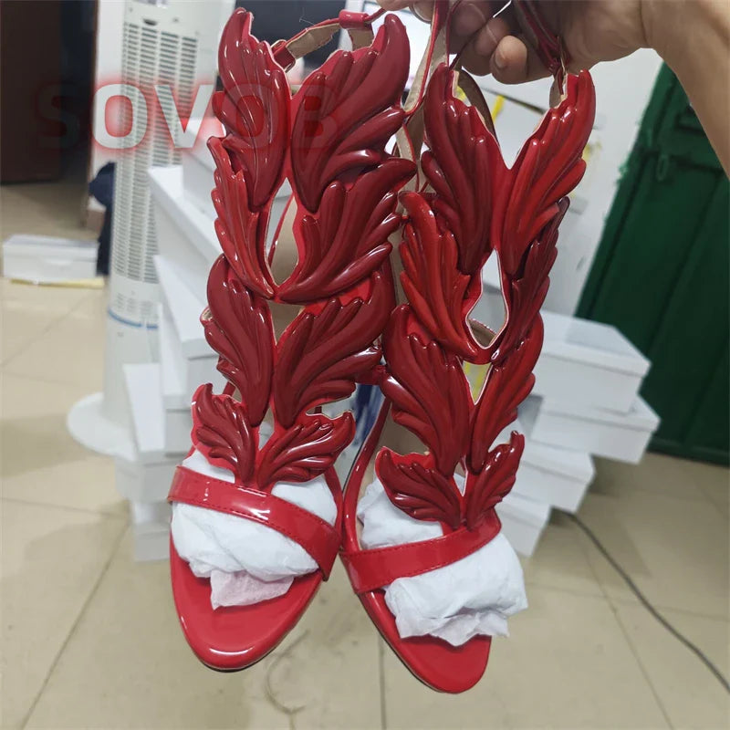 White Elegant Prom Heels Sandals Open Toe Leaf Wing Caged Sandals Chic Party Event Stiletto Shoes Stylish Party Footwear