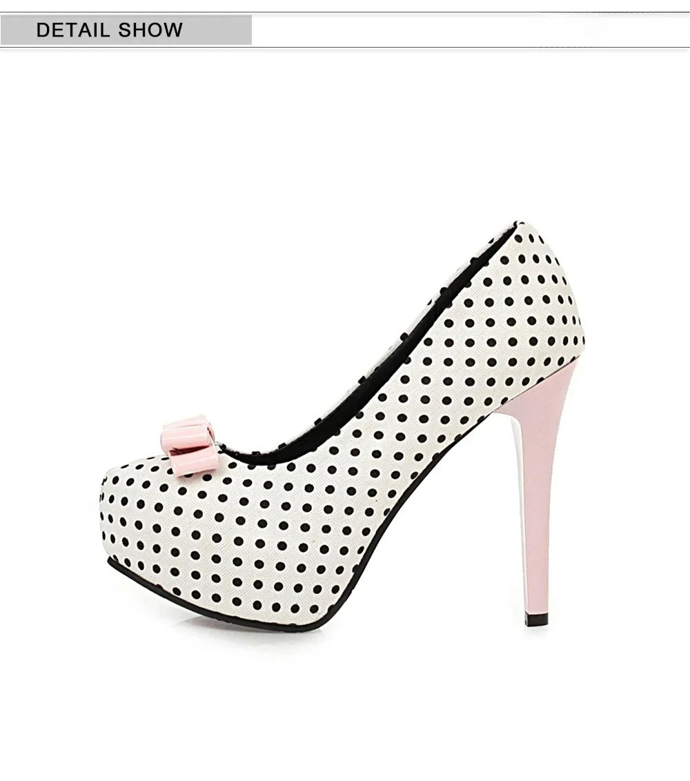 Sexy Super High Heels Women Platform Pumps Polka dot Bow Party Dress Shoes Woman Elegant Wedding Shoes Female 12cm Stilettos