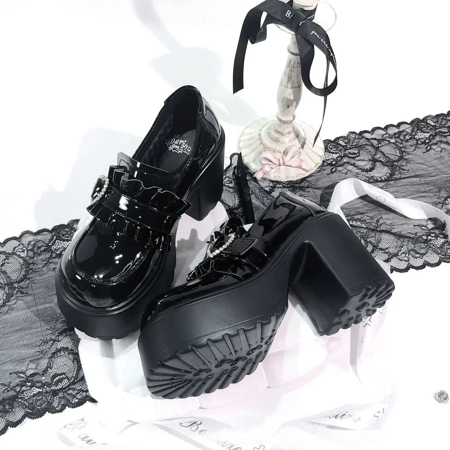 Sweet Heart-Shaped Buckle Lolita High Heels Pump Shoes for Women Y2k PU Leather Waterproof Platform Mary Janes Shoes