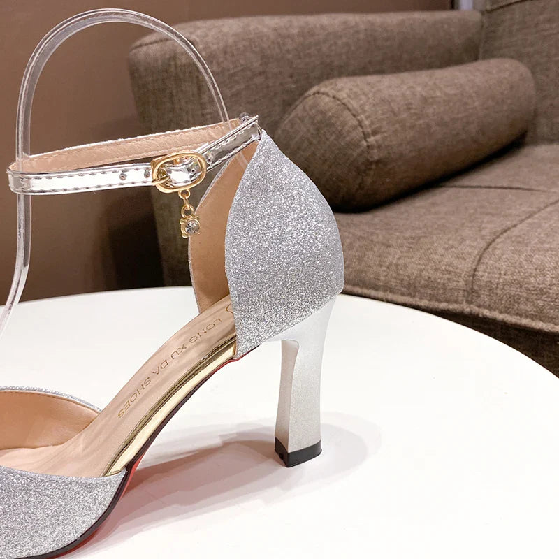 Bling Gold Silver Women Pumps 2023 Sexy Point Toe Thin Heel Party Wedding Shoes Womens Summer Ankle Strap 8cm High Heels Shoes