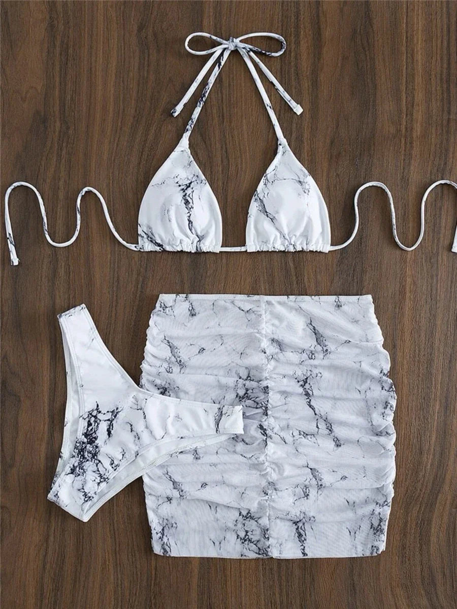 3 pezzi perizoma Bikini con gonna marmo texture costume da bagno donna costume da bagno Set costumi da bagno femminili abbigliamento da spiaggia nuoto estate