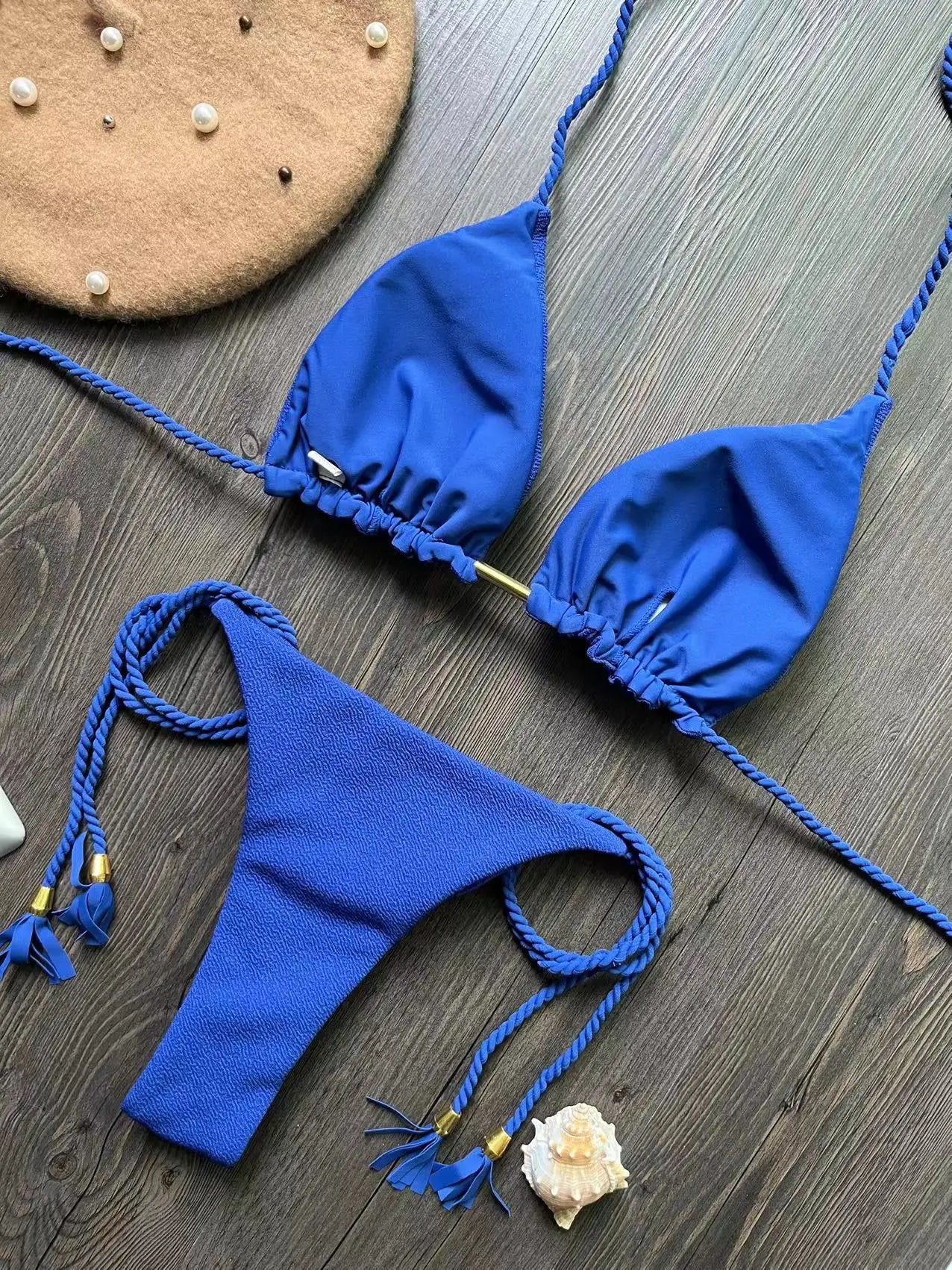 Costume da bagno bikini sexy con laccetti intrecciati, due pezzi, triangolare, stile brasiliano.