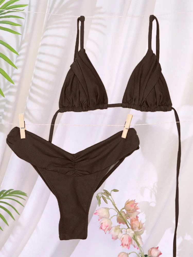Costume da bagno bikini con pieghe sexy Micro bikini solido Costume da bagno donna Triangolo femminile Costume da bagno da spiaggia
