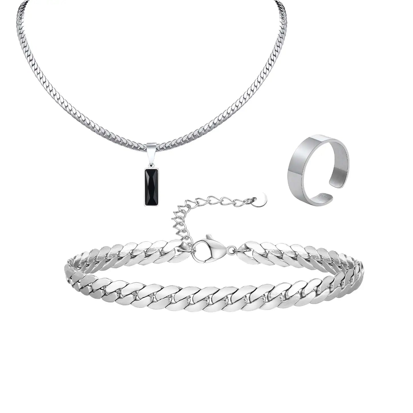 Elegante Set di Gioielli da Uomo con 3 Pezzi, Catena Cubana Piatta, Ciondolo Geometrico in Acciaio Inox con Pietra, Gioielli Hip Hop, Regalo per Lui