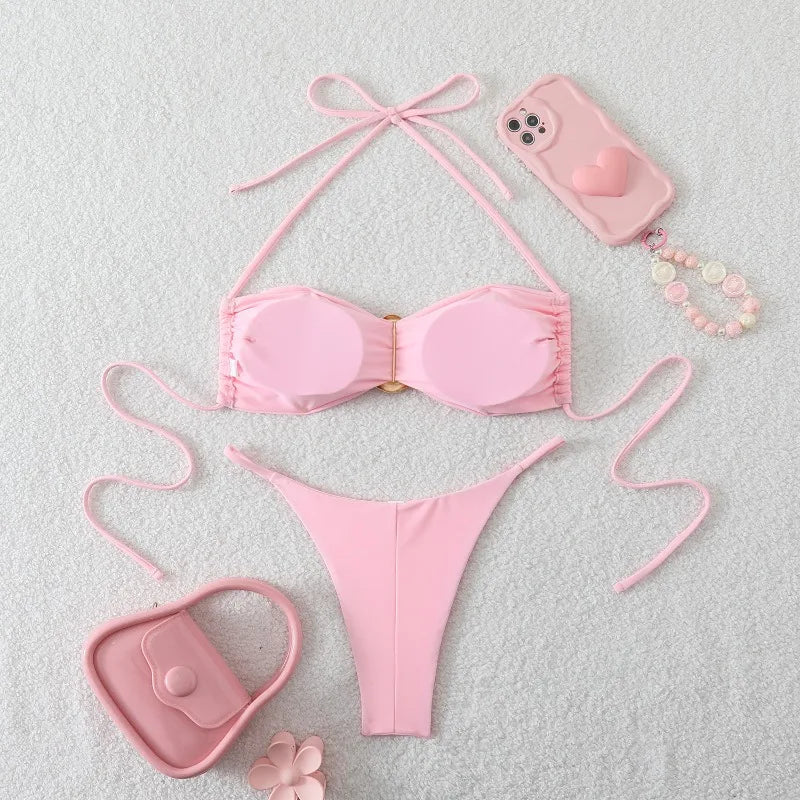 Costume da Bagno da Spiaggia alla Moda, Set Bikini a Perizoma per Donna, Sexy Costume da Bagno a Triangolo con Lacci, Due Pezzi, Stile Brasiliano, Tinta Unita