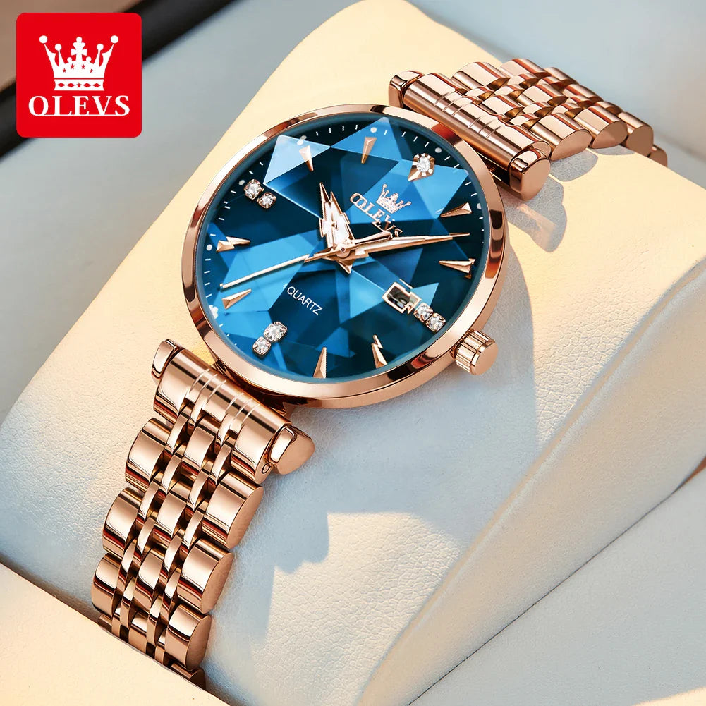 OLEVS 5536 Orologio da donna al quarzo con diamanti di marca di lusso Moda elegante orologio da donna impermeabile in oro rosa con bracciale Set Reloj Mujer