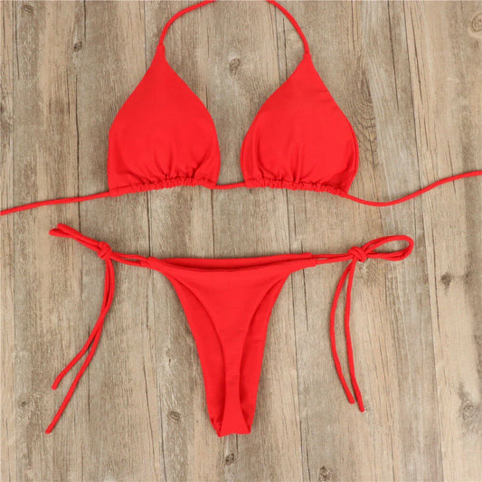 Set bikini sexy perizoma da donna Costume da bagno laterale stile fasciatura Costume da bagno brasiliano con cinturino diviso Set costume da bagno femminile solido regolabile