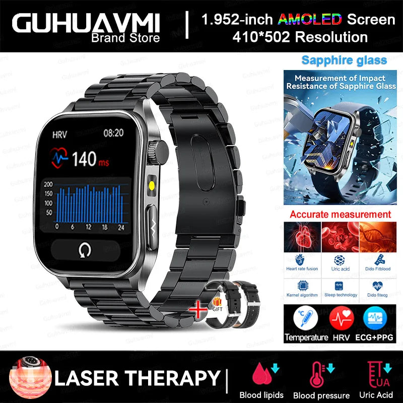 2025 Trattamento laser Tre Smartwatch alti 1.95 "Schermo curvo in zaffiro ECG + PPG Grasso nel sangue Acido urico Diagnosi salute Smartwatch