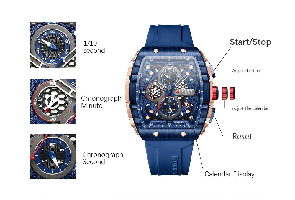 CURREN Orologio da uomo alla moda, marchio unico, design quadrato, lusso, nastro sportivo al quarzo, orologi da uomo impermeabili