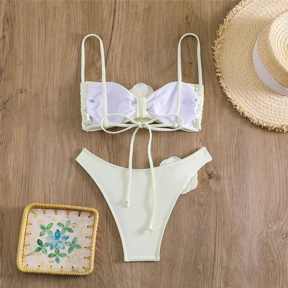 Costume da Bagno Sexy con Fiori e Fascia, Bikini a Perizoma 2025, Costumi da Bagno Donna con Lacci, Set Bikini Brasiliano, Biquini Mujer