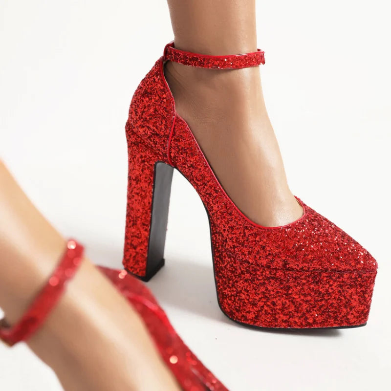 Ochanmeb Bling Bling Silver Gold Glitter Shoes Woman Ultra High Heels Platform Buckle Sequin Red Pumps Ladies Party Prom Wedding