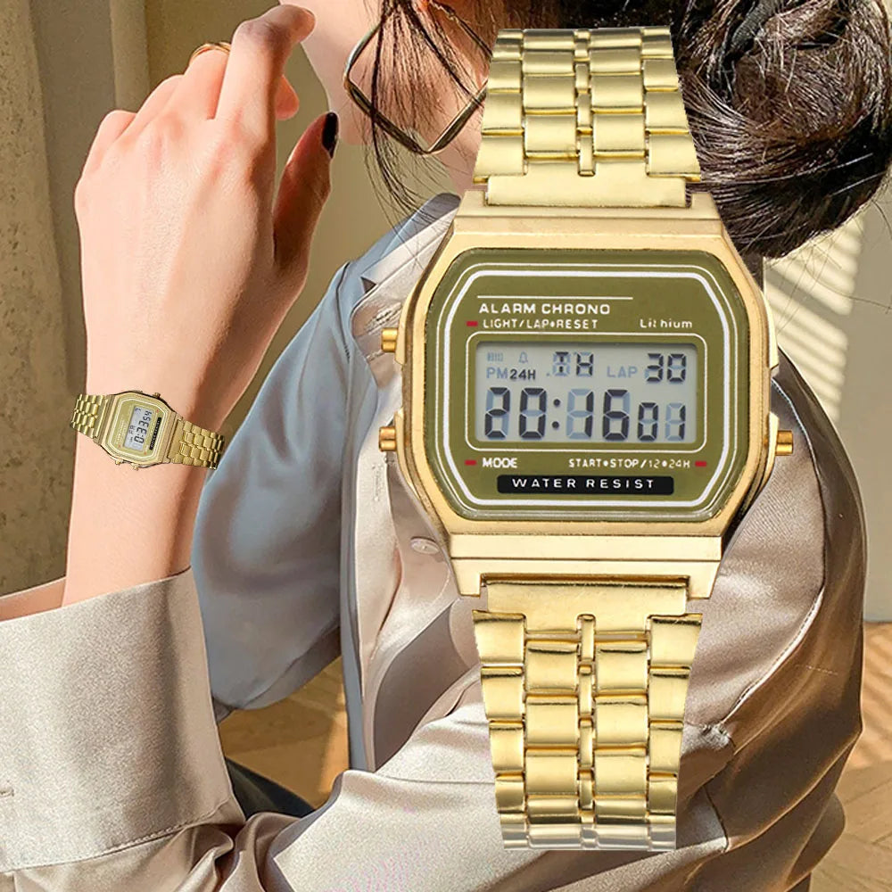 Elegante orologio digitale da donna Orologio da polso elettronico da donna d'affari in acciaio inossidabile oro argento Orologio da uomo Zegarek Damski