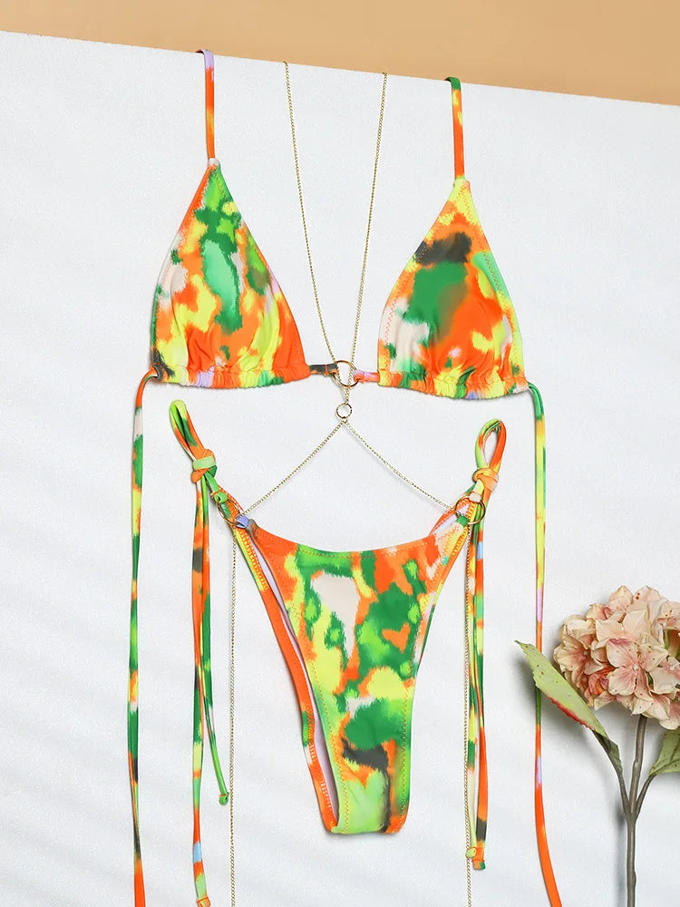 Catene a triangolo sexy Set bikini Micro perizoma Costume da bagno donna Costume da bagno Biquini Fasciatura Costumi da bagno Stampa Costumi da bagno Perizoma Bikini