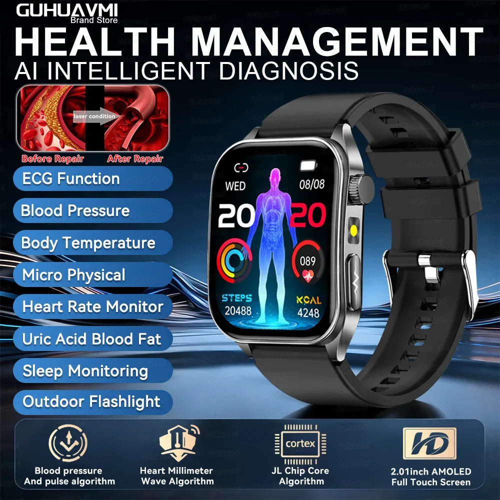 2026 Nuovo 650nm Terapia Laser Grassi nel sangue Acido urico Pressione sanguigna Smart Watch ECG + PPG Preciso Monitor di salute Smartwatch per gli uomini