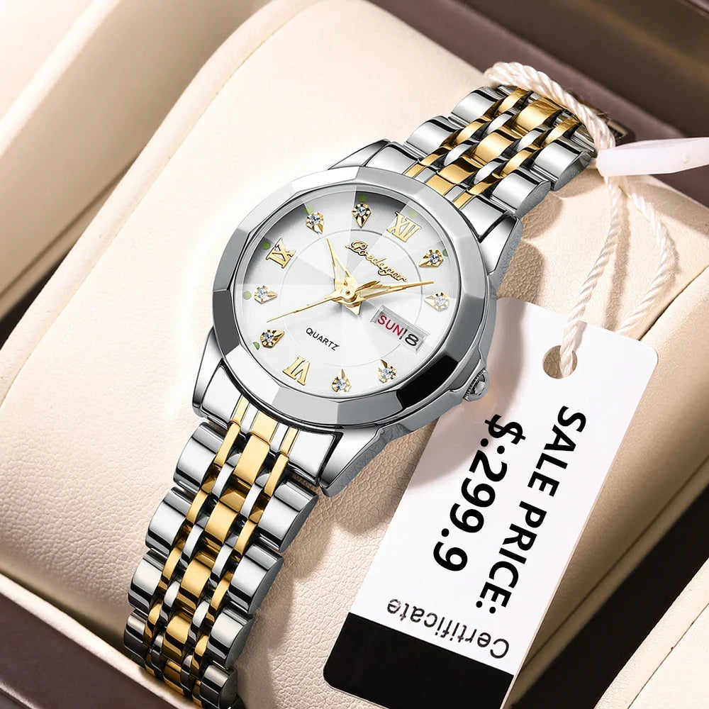 POEDAGAR orologi da donna di marca di lusso impermeabile luminoso data settimana orologio al quarzo per donna orologio da donna di moda in acciaio inossidabile