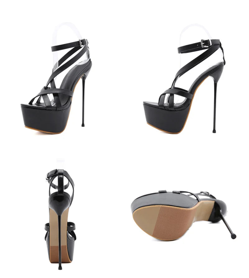 Liyke Summer Sexy 17CM Women Platform Sandals Fashion Open Toe Buckle Strap Super Thin High Heels Stripper Pole Dance Shoe Black