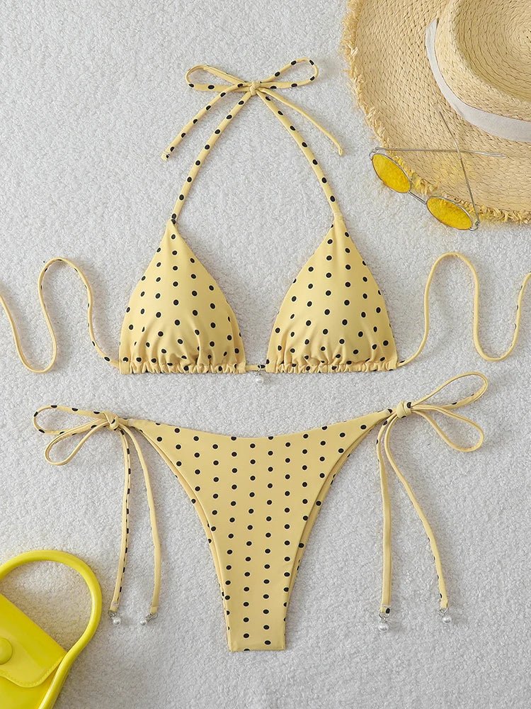 Bikini di Tendenza 2026, Costume da Bagno Sexy con Perle, Micro Bikini a Pois, Abbigliamento da Spiaggia per Donna