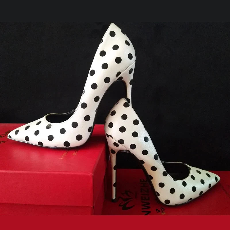 New round polka dot silk high heels with pointed toe, shallow mouth, thin heel 12cm Sexy French Girl Single Shoes