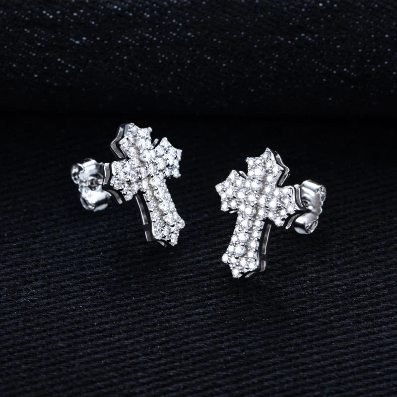 MossanRappr 0.78cttw Moissanite Iced out Croce Orecchini a bottone in argento sterling 925 D Colore Gioielli eleganti e alla moda per uomo