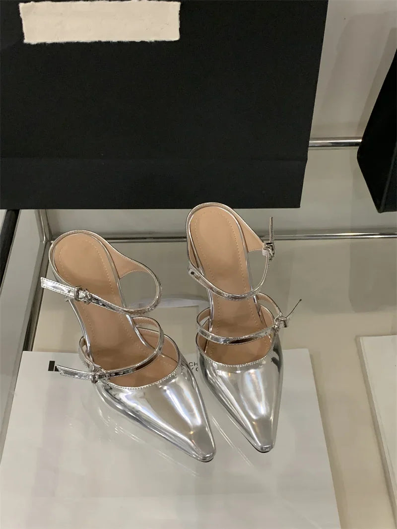 Liyke New Fashion Transparent Wedge Slippers Women Pumps Patent Leather Pointed Toe Buckle Strap Designer High Heels Mules Shoes