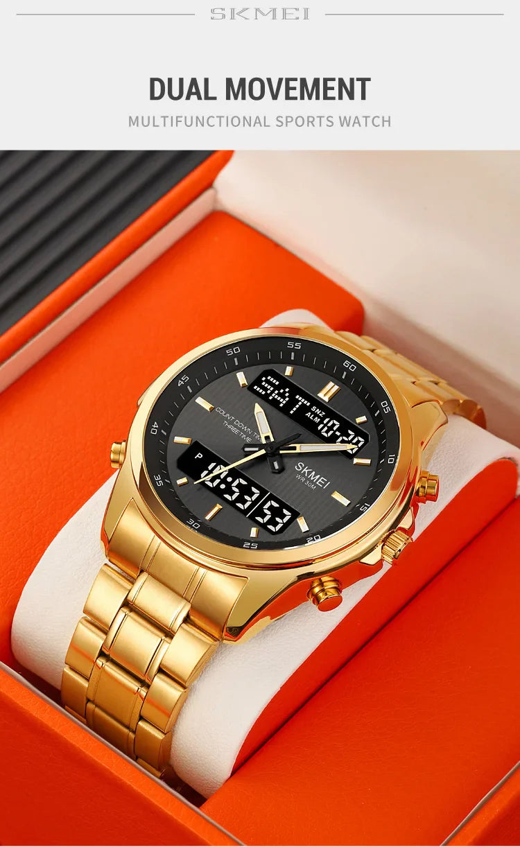 Skmei orologio da polso analogico al quarzo da uomo cinturino in acciaio inossidabile di lusso Led impermeabile digitale sportivo sveglia a tre fusi orari