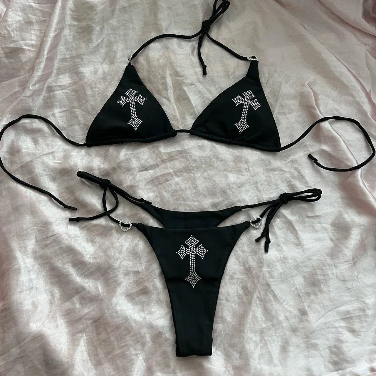 Bikini Y2K Sexy con Strass a Croce, Bikini Kawaii, Bikini Gotico, Costume da Bagno Goth, Abbigliamento da Spiaggia Estivo, Set Reggiseno e Slip