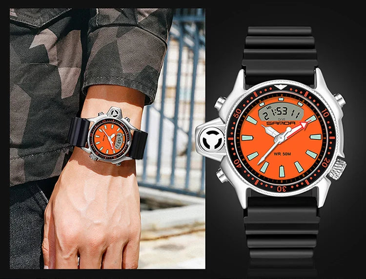 SANDA Sport orologio digitale al quarzo da uomo orologi subacquei creativi orologio da uomo con allarme impermeabile orologio con doppio Display Relogio Masculino