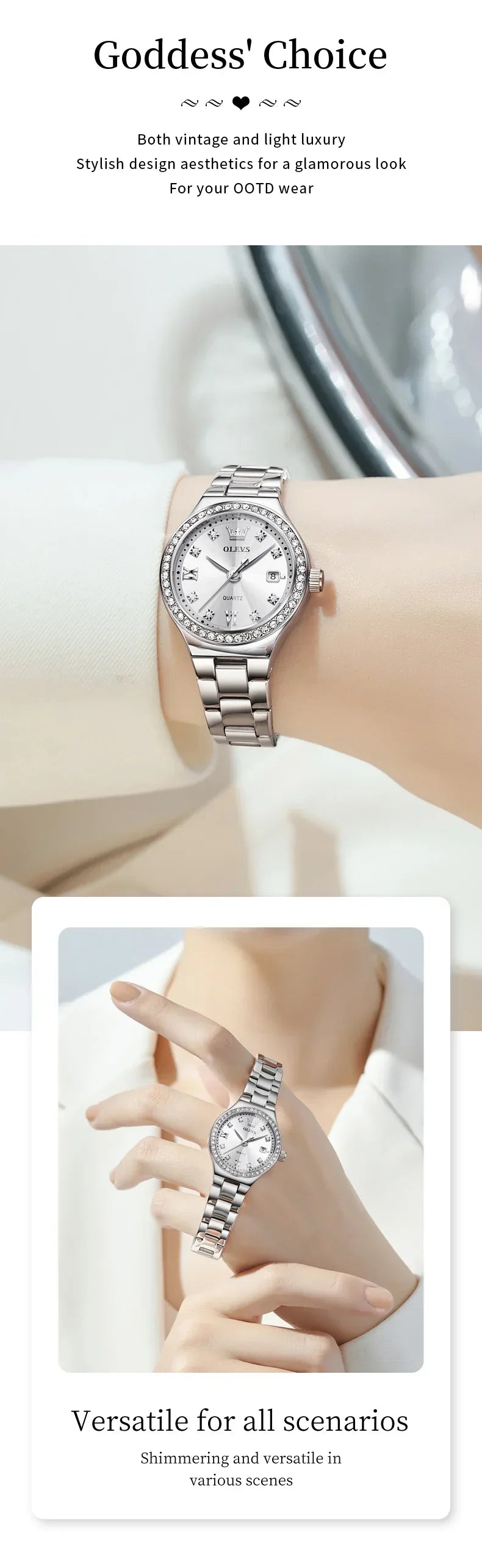 OLEVS 5628 Orologio al quarzo da donna Orologio da polso impermeabile luminoso in acciaio inossidabile con scala di diamanti e funzione data