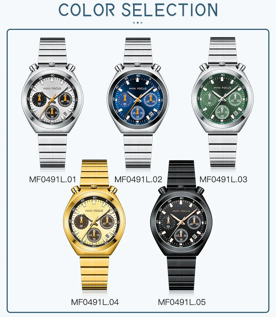 MINI FOCUS Orologio al quarzo verde argento per donna Orologio da polso cronografo con cinturino in acciaio inossidabile moda con lancette luminose Data 0491