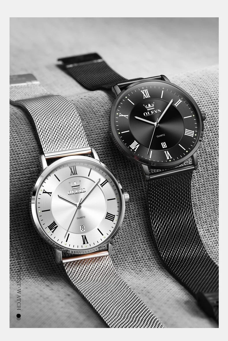 OLEVS 5623 Orologio al quarzo da uomo con quadrante minimalista con numeri romani, cinturino in maglia milanese, lancette luminose, datario, resistente all'acqua fino a 30 m