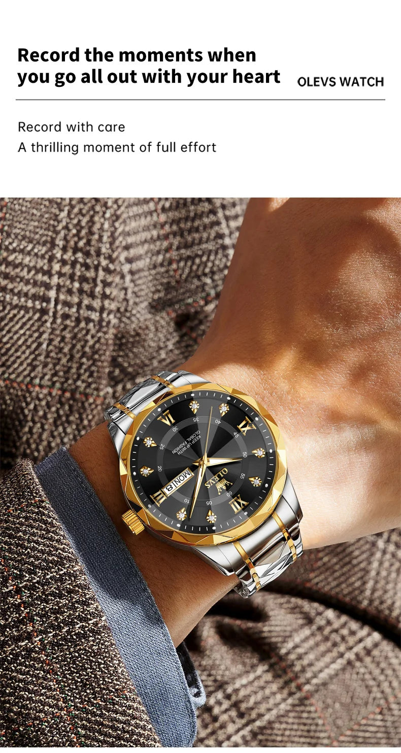 OLEVS Orologio da uomo al quarzo originale Orologio da uomo di lusso con calendario aziendale alla moda in acciaio inossidabile Orologio da specchio a forma impermeabile