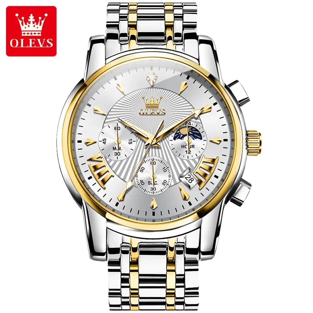 OLEVS Orologi al quarzo da uomo Orologi di marca in acciaio inossidabile Orologio sportivo impermeabile per uomo Cronografo con fasi lunari