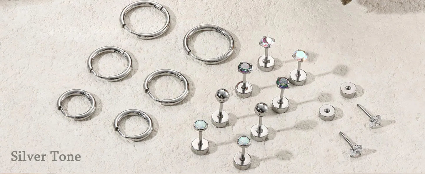 Set di 6 Paia di Orecchini per Piercing Multipli, Piccoli Orecchini a Cerchio, Orecchini a Perno con Zirconi, Opale e Perla per Donne