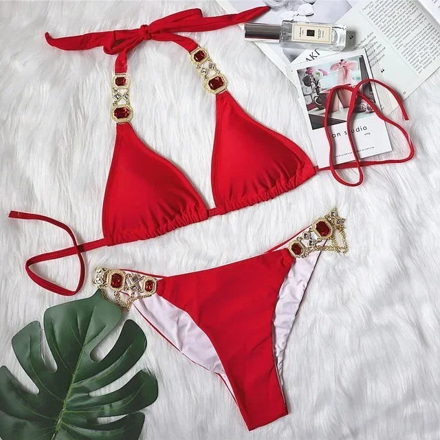 Catene di metallo con scollo all'americana Strass Diamante Bikini Costume da bagno donna Costumi da bagno femminili Due pezzi Bikini set Costume da bagno brasiliano Swim