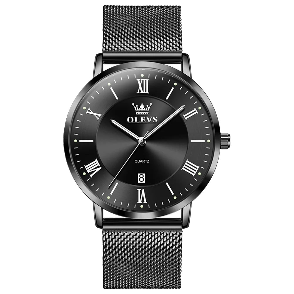 OLEVS 5623 Orologio al quarzo da uomo con quadrante minimalista con numeri romani, cinturino in maglia milanese, lancette luminose, datario, resistente all'acqua fino a 30 m