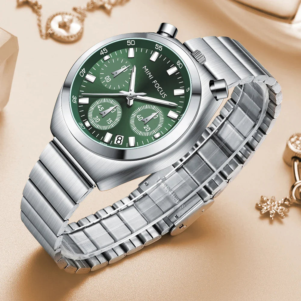 MINI FOCUS Orologio al quarzo verde argento per donna Orologio da polso cronografo con cinturino in acciaio inossidabile moda con lancette luminose Data 0491
