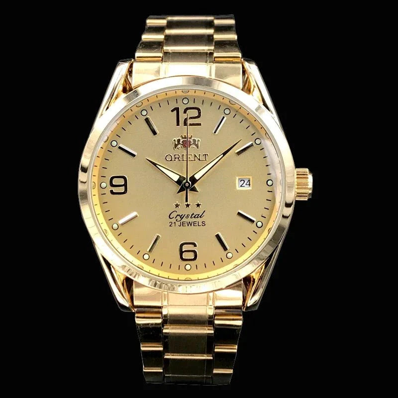 Orient Double Lion Classic Watch Series Orologio da uomo con cinturino in acciaio inossidabile Tourbillon meccanico automatico multifunzione di lusso