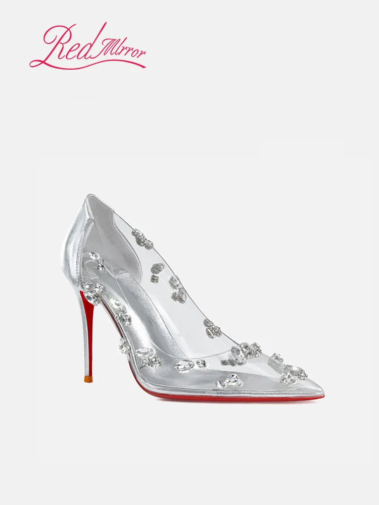 Red sole transparent pointed head sexy female stiletto high heels wedding shoes silver rhinestone crystal fairy style new 2024