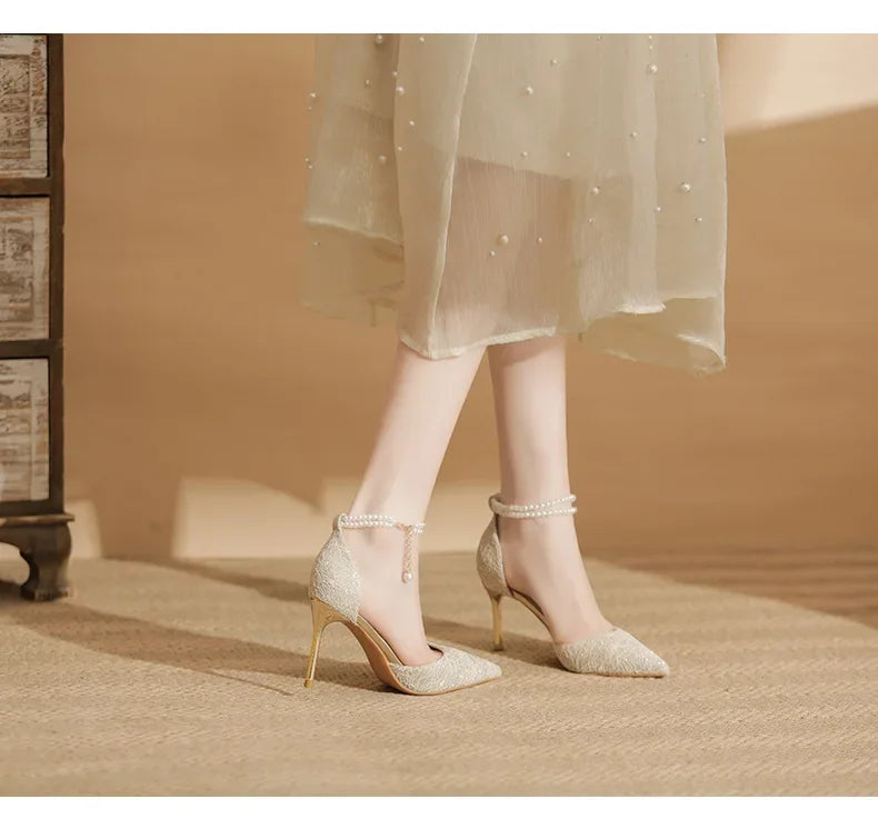 Size 31-43 Women High Heels Stiletto Heel Summer Lace Mesh Sweet Gold Silver Wedding Shoes