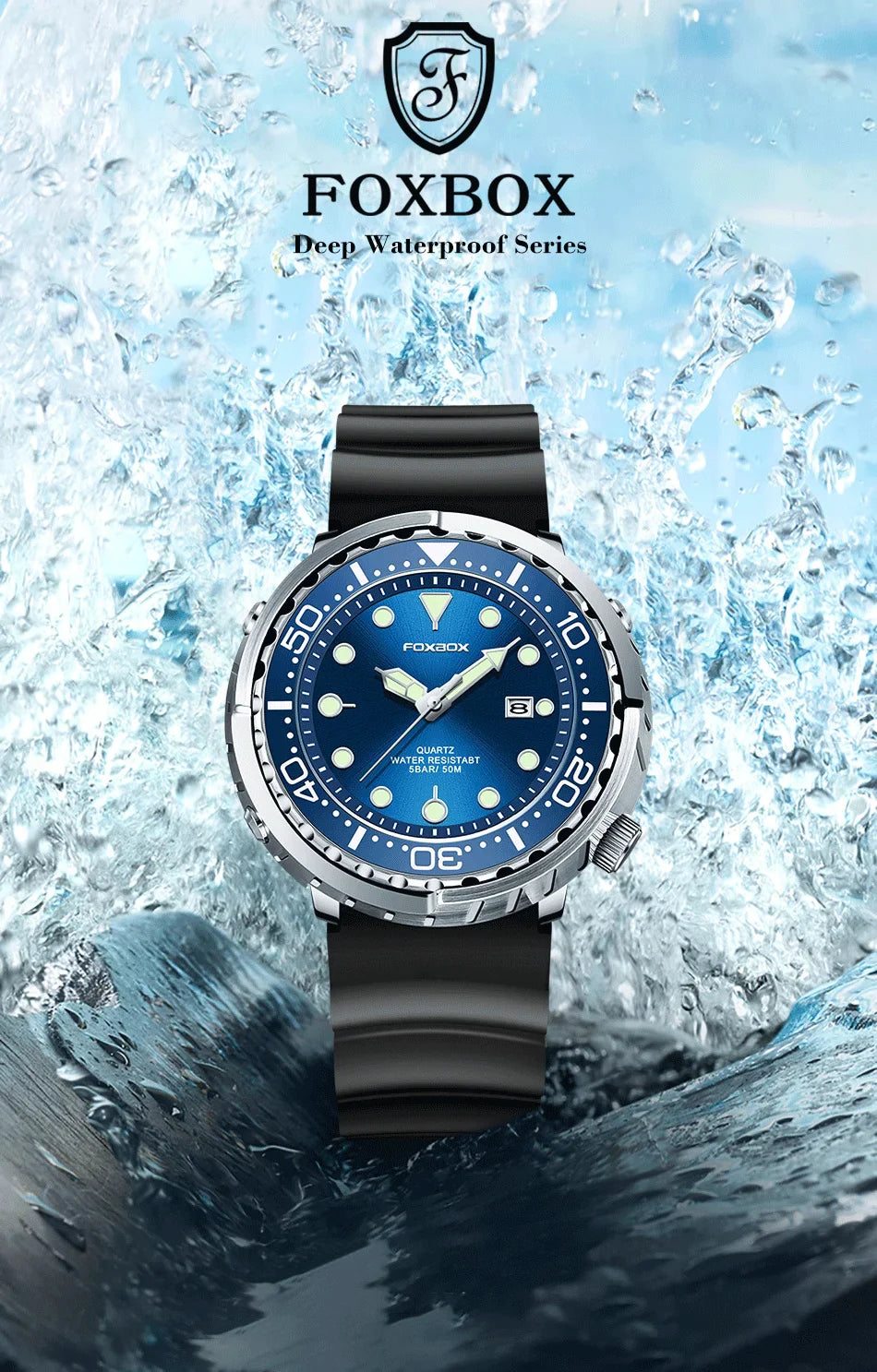 FOXBOX Top Brand Fashion Diver Watch Men 50ATM Waterproof Date Clock orologi sportivi orologio da polso al quarzo da uomo Relogio Masculino
