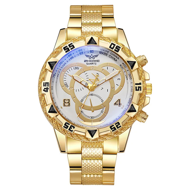 Orologio al quarzo da uomo di lusso Orologio da polso da uomo d'affari classico Quadrante grande Striscia di acciaio legato Orologio al quarzo da uomo a tre occhi con luce blu