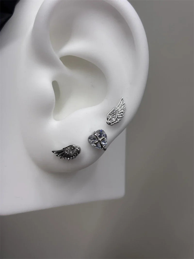New Fashion Love Wings Cross Acciaio inossidabile Osso dell'orecchio Chiodo Zircone lucido Orecchino con filo alla moda per le donne Accessorio per piercing al corpo