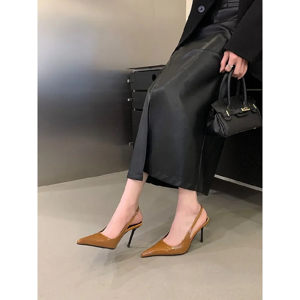 Eilyken Spring Fashion Sexy Thin Heels Pointed Toe Pumps Women Mule Shoes Elegant Patent Leather Banquet Striptease Sandals