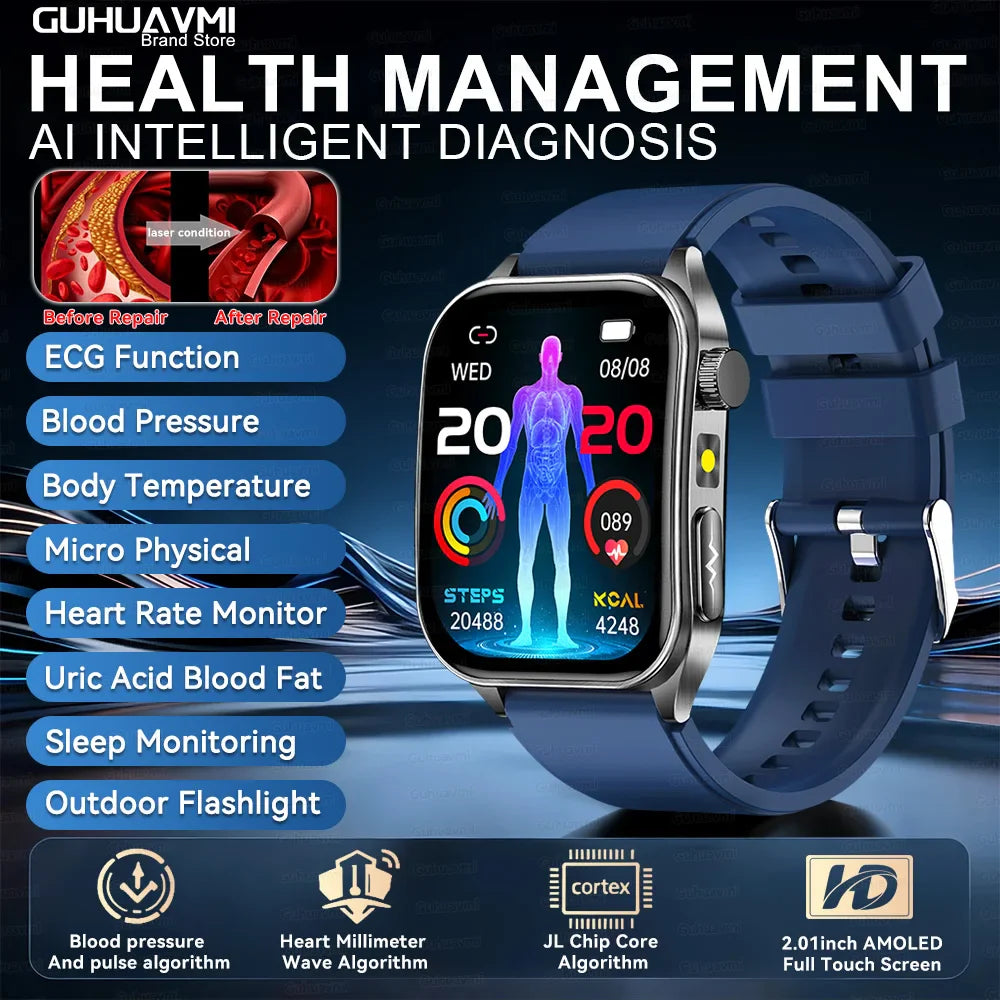 2026 Nuovo 650nm Terapia Laser Grassi nel sangue Acido urico Pressione sanguigna Smart Watch ECG + PPG Preciso Monitor di salute Smartwatch per gli uomini