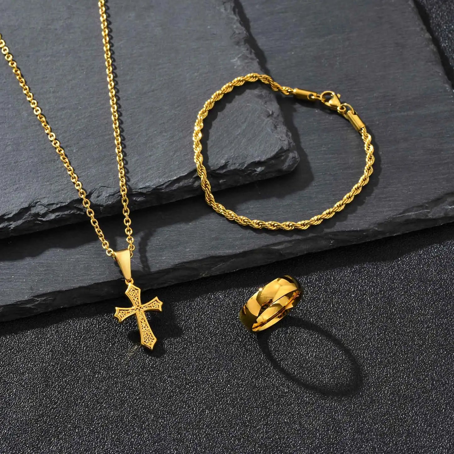 Set di Gioielli Hip Hop da Uomo 3 Pezzi, Ciondolo a Croce in Acciaio Inossidabile, Bracciale con Catena a Corda Intrecciata, Set di Gioielli Regalo per Papà, Figlio, Marito